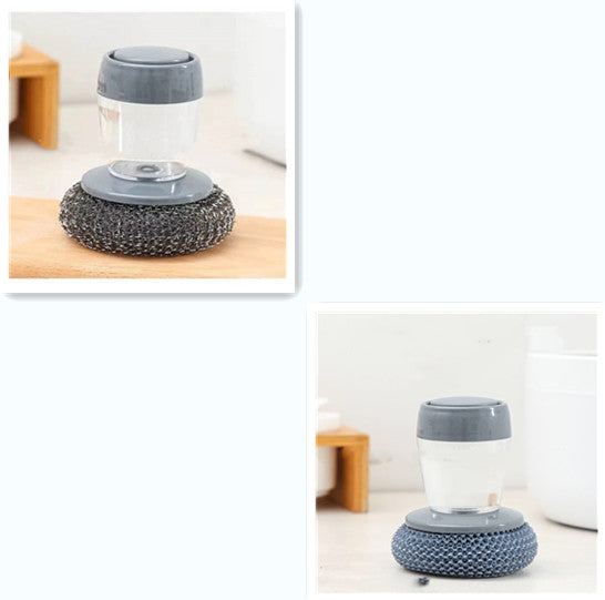 Kitchen soap dispenser scrubber with gray lid and textured cleaning sponge base