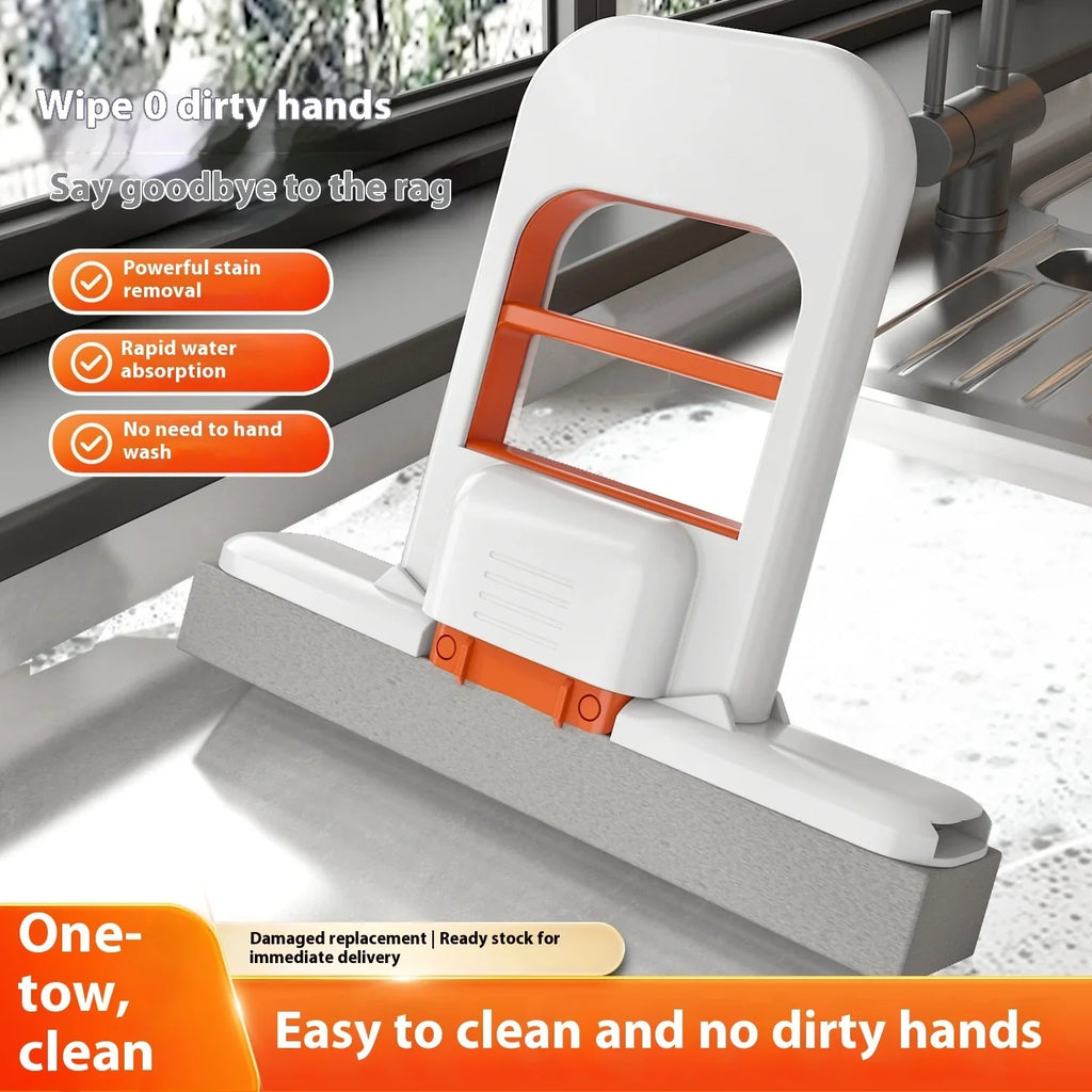 Self-wringing kitchen mop with sponge head for easy countertop cleaning, hands-free use