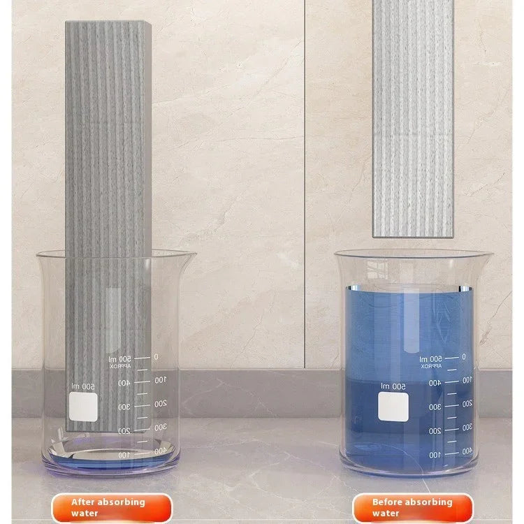 Absorbent sponge stick in beaker demonstrating water absorption before and after use