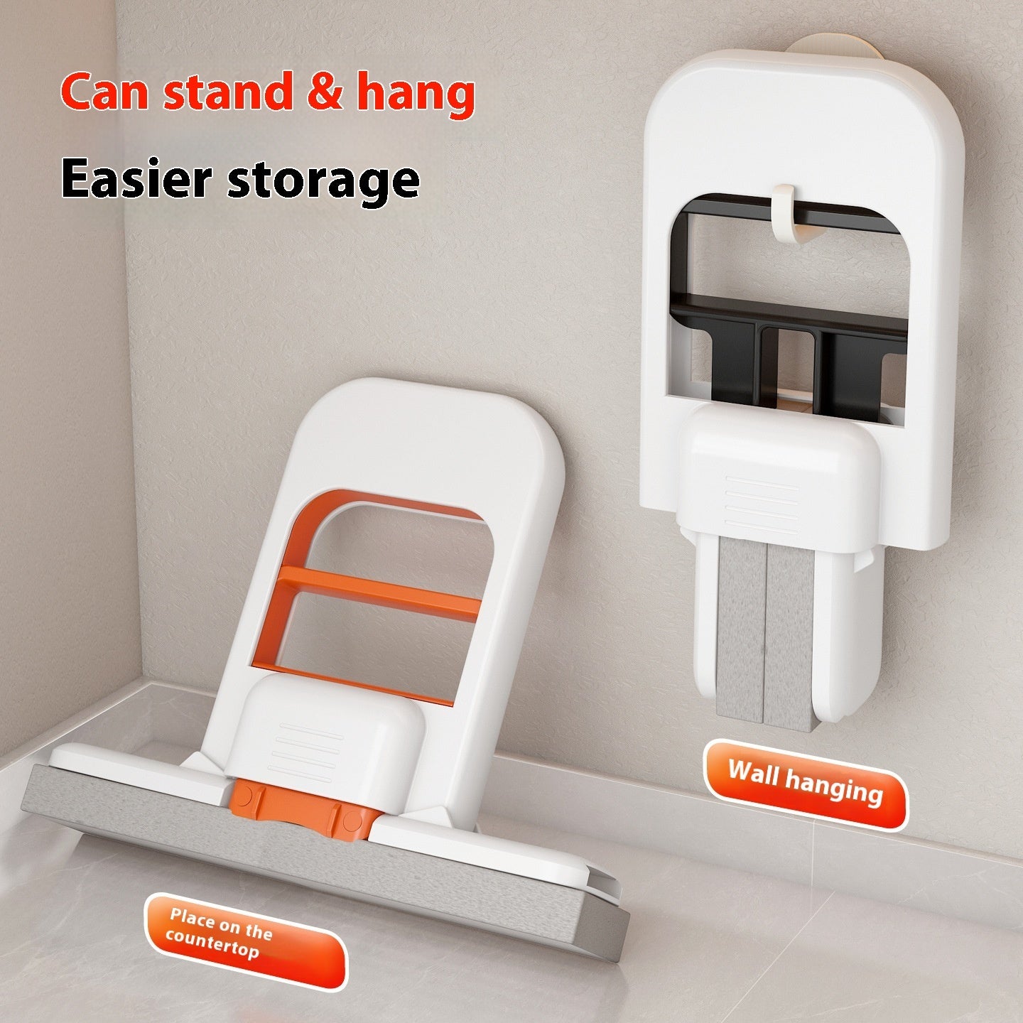 Foldable mop standing on countertop and hanging on wall for easy storage