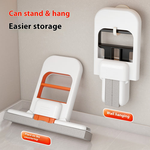 Foldable mop standing on countertop and hanging on wall for easy storage
