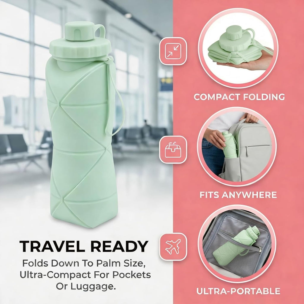Portable collapsible water bottle in mint green