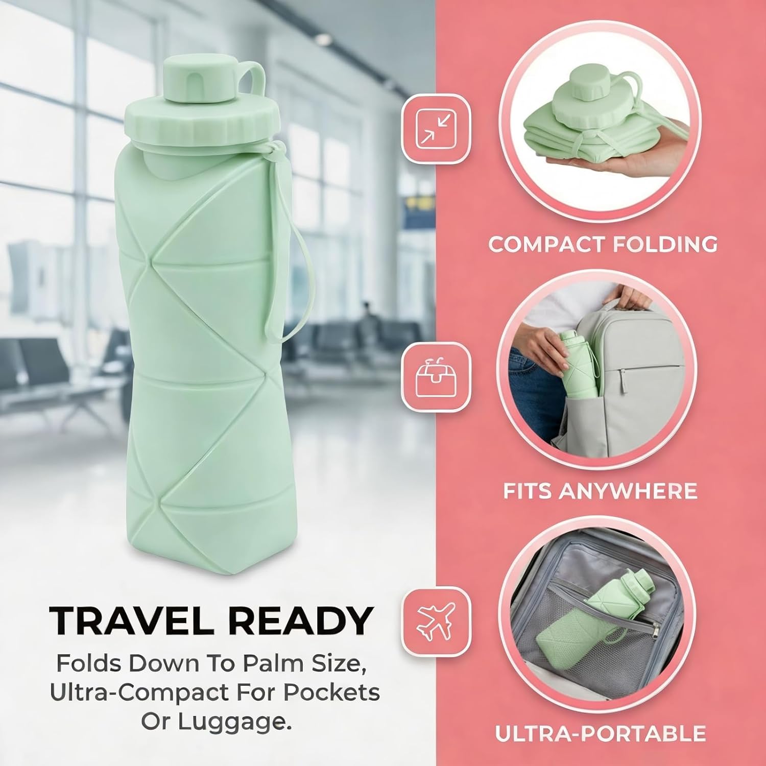 Portable collapsible water bottle in mint green