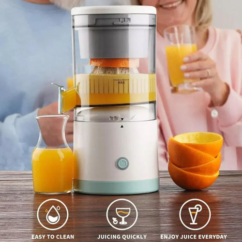Electric citrus juicer making fresh orange juice, easy to clean, quick juicing, enjoy daily