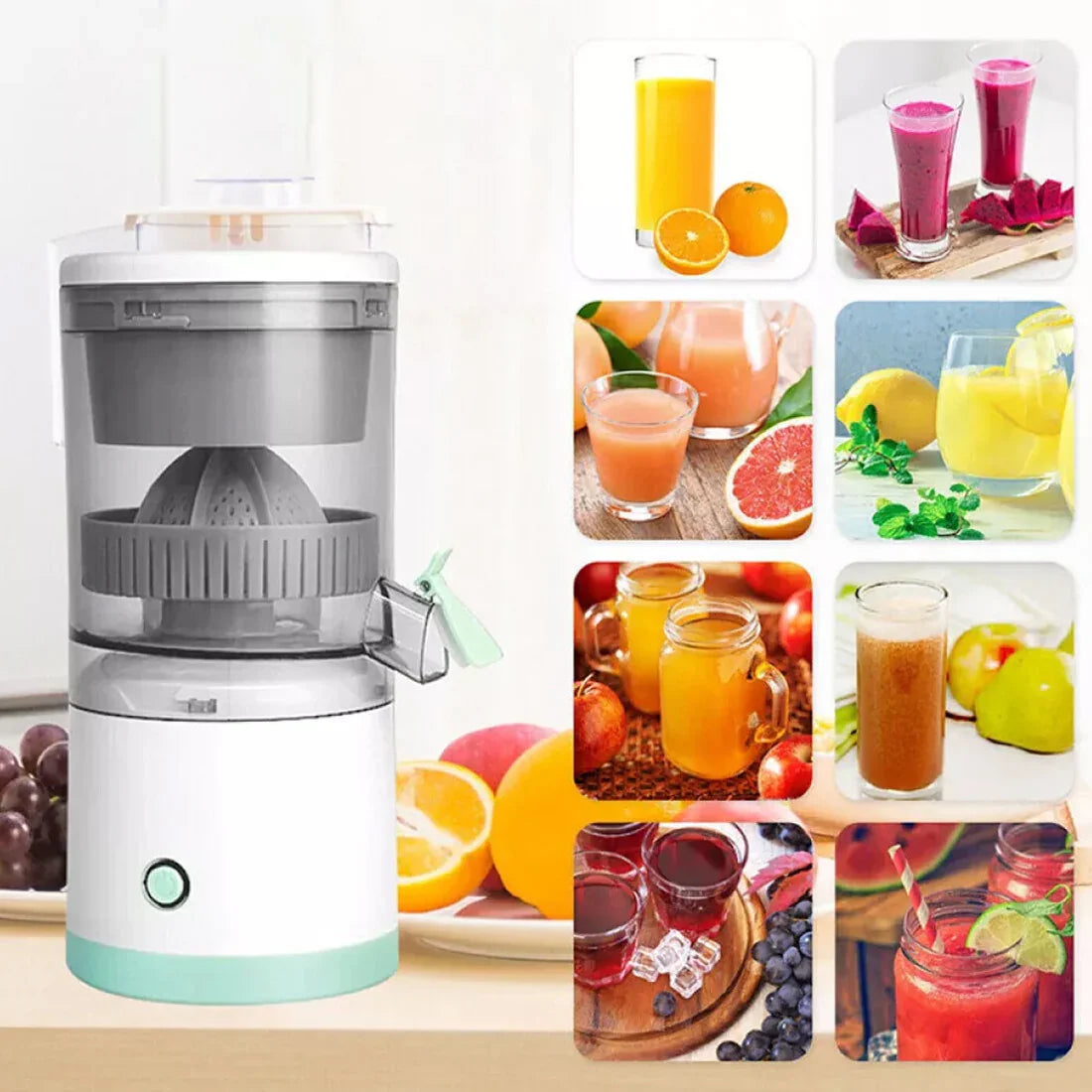 Rechargeable citrus juice squeezer with modern compact design