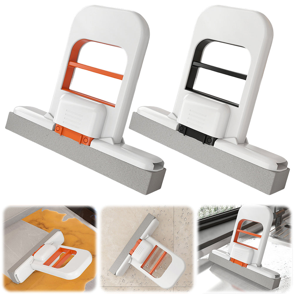 Dual-color handheld cleaning squeegees with sponge bottom shown for kitchen and tile surfaces
