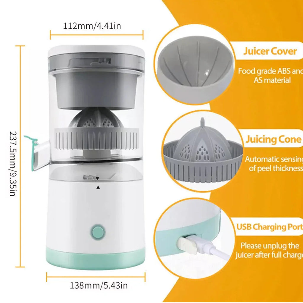 Portable Electric USB Citrus Juicer making fresh orange juice in kitchen