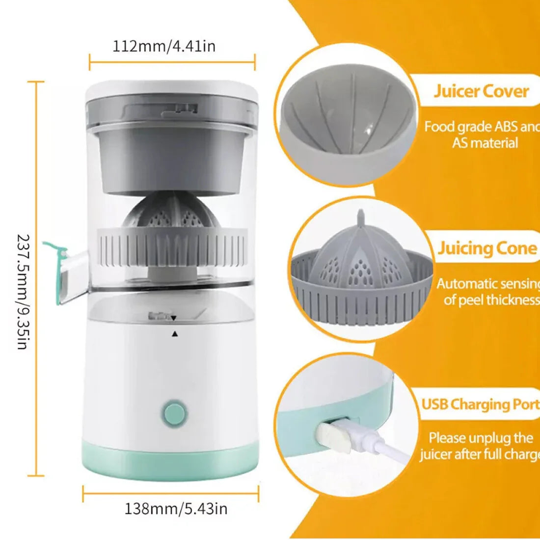 Portable Electric USB Citrus Juicer making fresh orange juice in kitchen