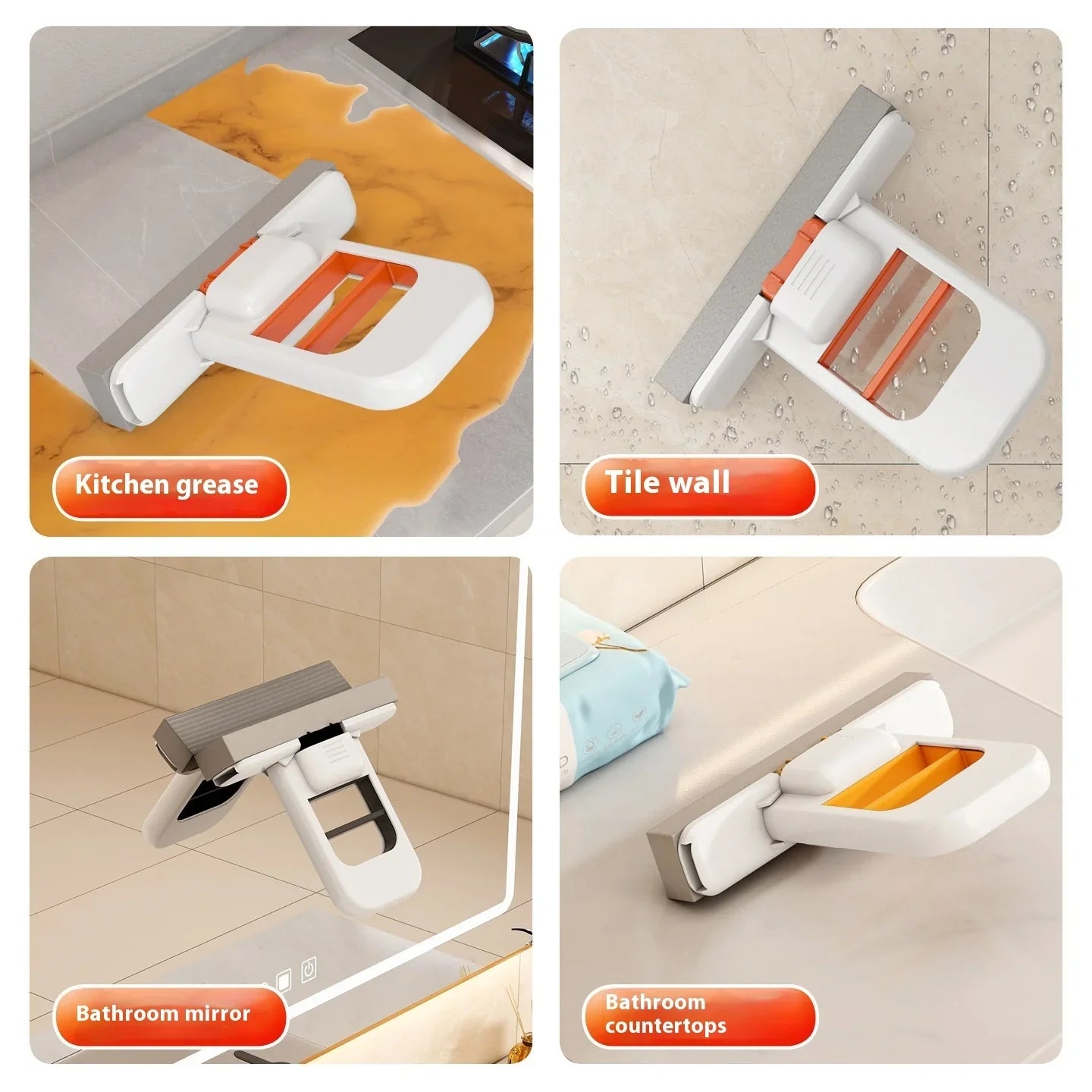 Multipurpose cleaning tool for kitchen grease, tile walls, bathroom mirrors, and countertops