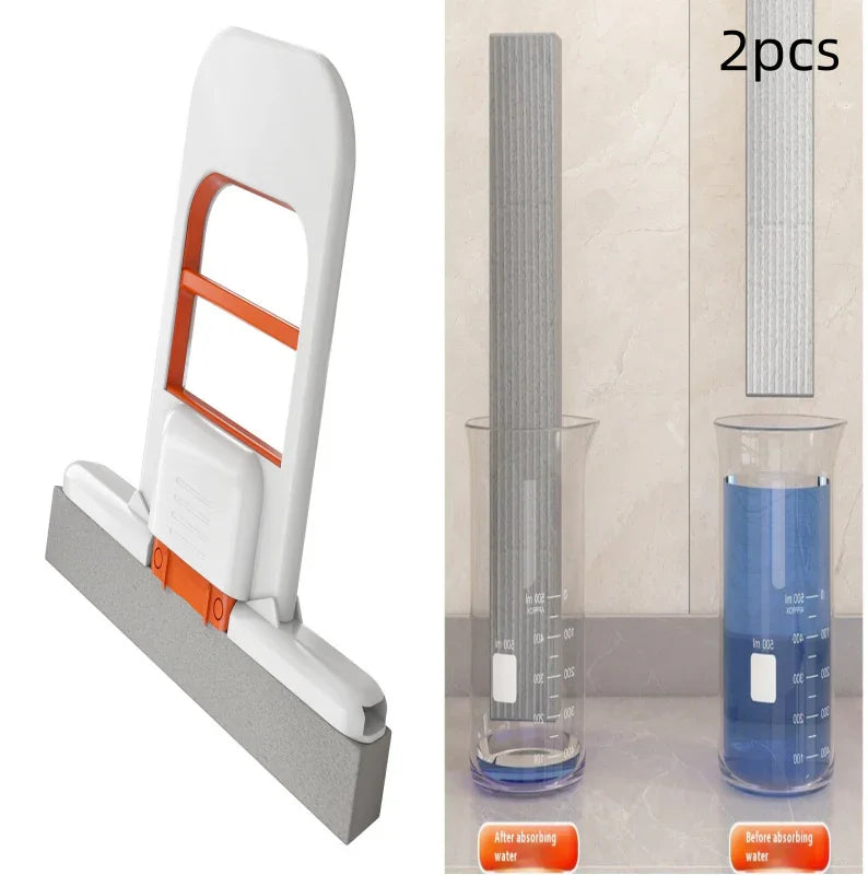 Sponge mop with extendable handle, shown with water absorption demo in measuring cups